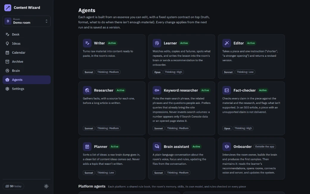 The agents screen of Content Wizard, a content system Rotem built: nine agents, from the writer and the researcher to the fact-checker.