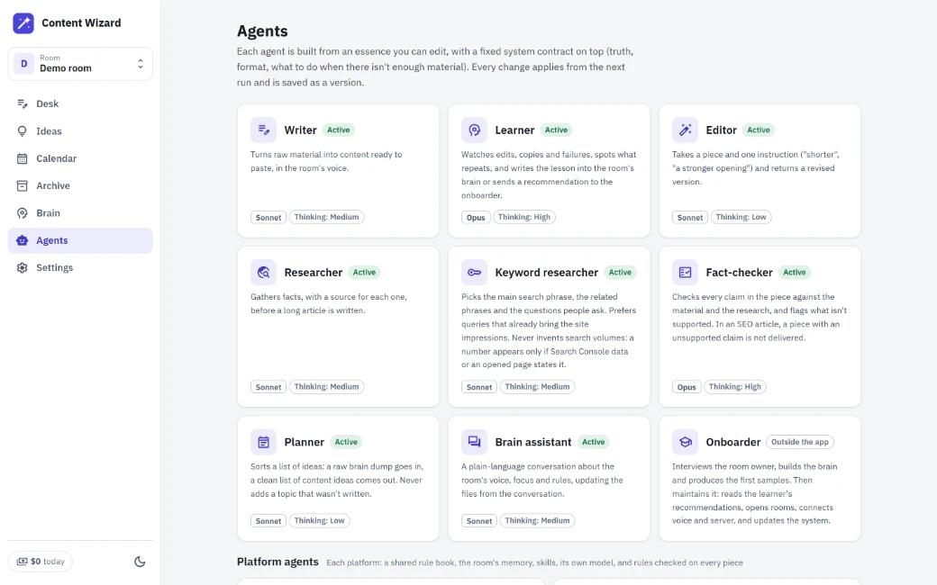 The agents screen of Content Wizard, a content system Rotem built: nine agents, from the writer and the researcher to the fact-checker.