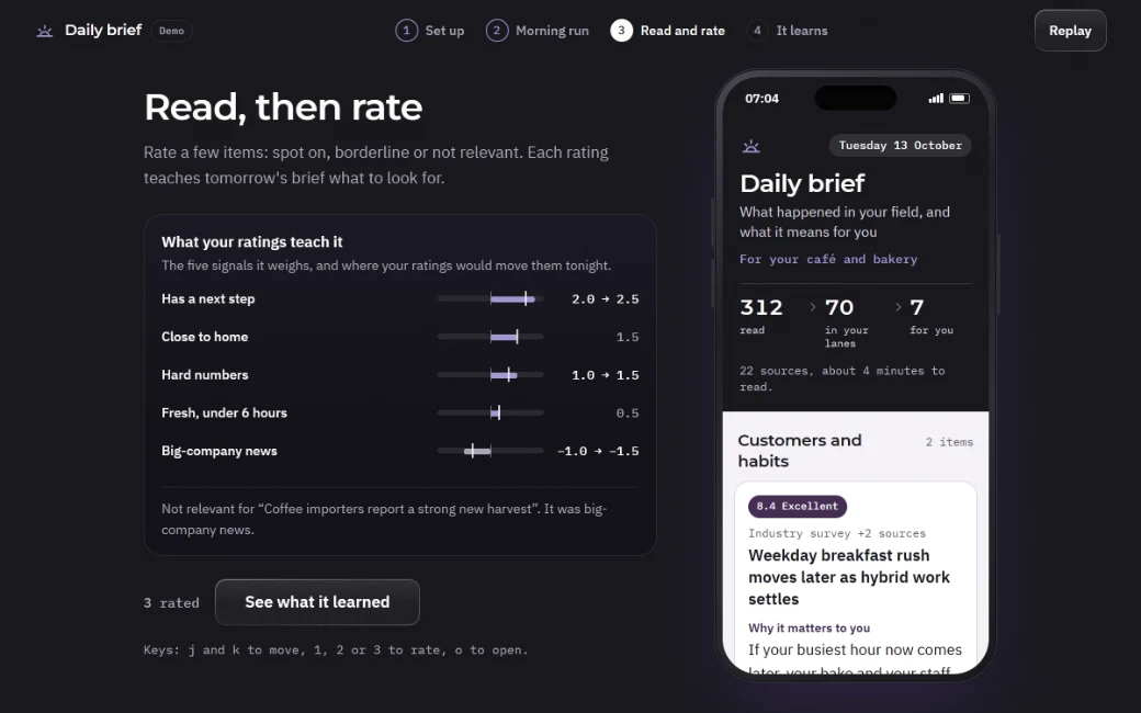 The Daily Brief, a system Rotem built: a morning briefing of business news, each story summed up in a few lines and ready to rate.