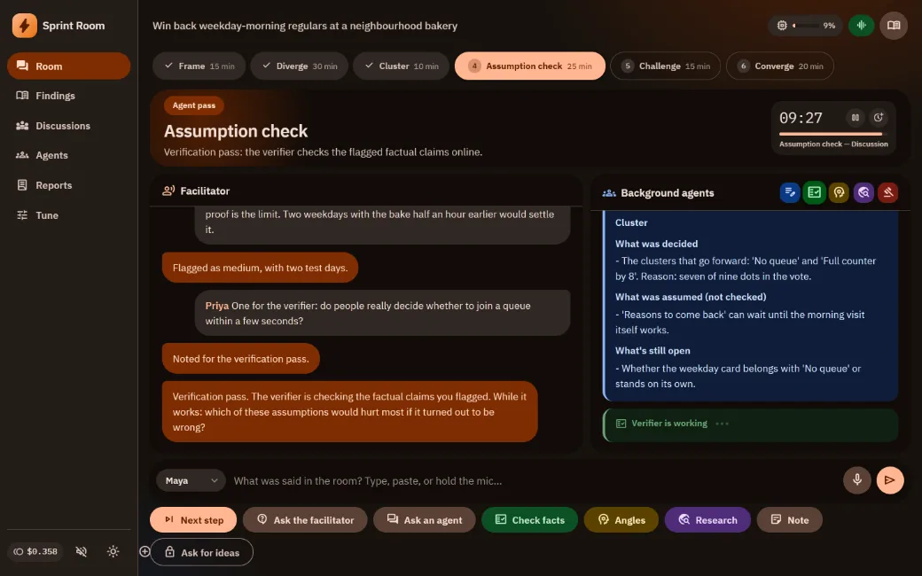Sprint Room, a system Rotem built: an AI facilitator guides a bakery team through an assumption check while background agents take notes and verify facts.