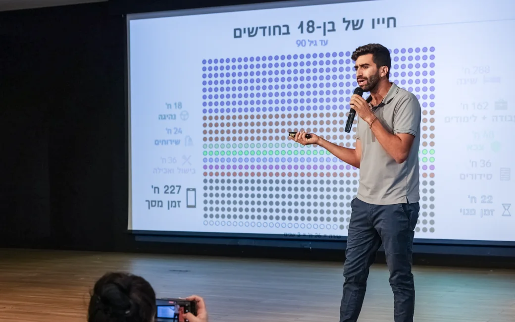 Rotem on stage with a microphone, beside a slide that maps a life in months, screen time included. Someone in the audience is filming.